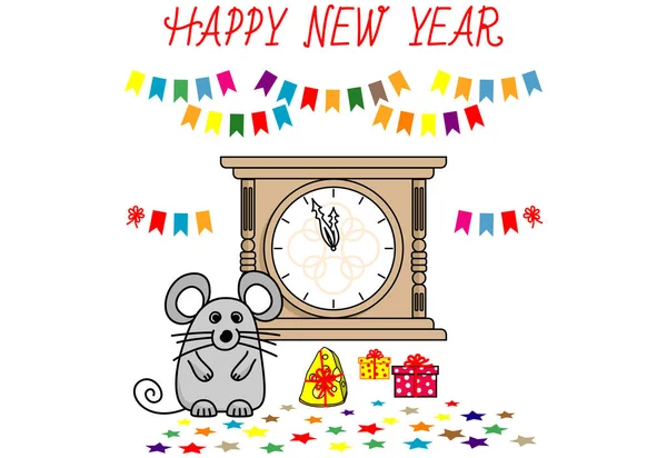 Feliz Año Nuevo inscripción, lindo ratón y reloj. Caricatura divertida tarjeta de Navidad. Ilustración aislada fondo blanco. Año nuevo chino 2020. Vector — Archivo Imágenes Vectoriales