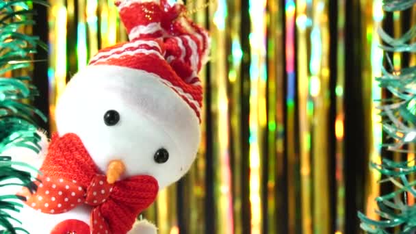 Leuke Sneeuwpop Met Rode Hoed Strik Kijkt Naar Vanaf Scène — Stockvideo