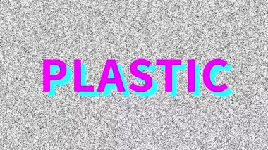 Plastik. Gürültülü eski ekranda ekoloji problemi hakkında bir şeyler duydum. Vhs paraziti devrede. Klasik animasyon arka planı. 4k video kaydı