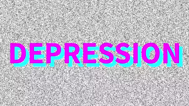 抑郁症 在嘈杂的屏幕上关于药物问题的文字 循环Vhs干扰 复古动画背景 4K视频镜头 — 图库视频影像