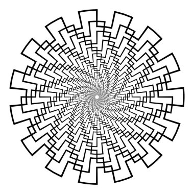 Geometrik şekilli soyut 3d arkaplan. Döndürülmüş stilize tünel, mandala, beyaz üzerine tasarım elementleri. Vektör