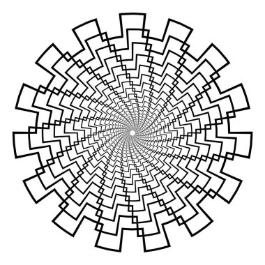 Geometrik şekilli soyut 3d arkaplan. Döndürülmüş stilize tünel, mandala, beyaz üzerine tasarım elementleri. Vektör