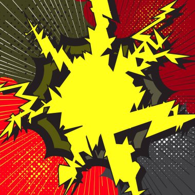 Patlama sanatı konuşma balonu. Çizgi roman ve manga için model. Metin afişi, poster. Hız çizgileri ışınlar ve yarım ton noktalar. Vektör parlak dinamik çizgi film çizimi. Tasarımınız için şablon