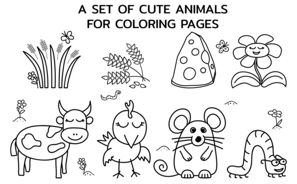 Conjunto Lindos Animales Granja Plantillas Para Niños Páginas Para Colorear — Vector de stock