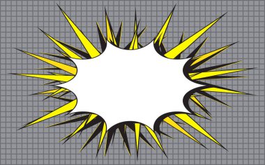 Retro boş konuşma balonu ve işaretlenmiş arkaplan. Pankart için maket, poster. Popüler sanat tarzında dinamik, parlak, soyut vektör çizimi. Tasarımınız için şablon