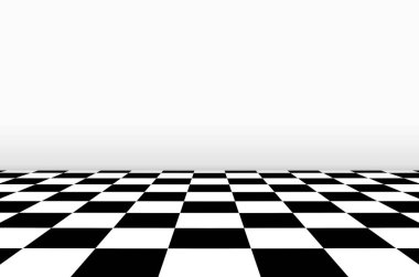 3D görüntüleme. Gri duvar arkaplanlı satranç tahtası zemininin perspektif görünümü.