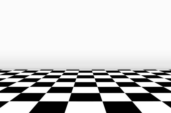 3D görüntüleme. Gri duvar arkaplanlı satranç tahtası zemininin perspektif görünümü.