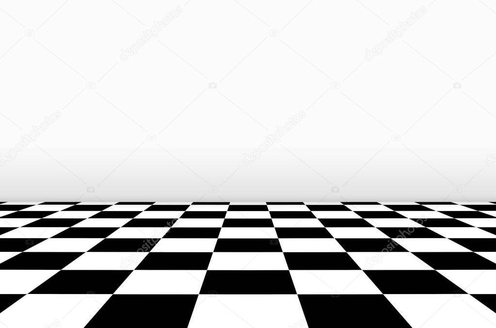 3d rendering. Perspective view of Chessboard floor with gray wall background.