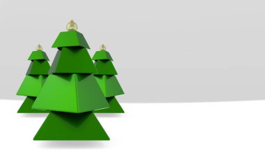3D görüntüleme. Gri arka planda yeşil Noel ağacında düşük çokgen biçimli küp kutusu. 