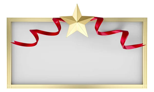 Renderização Estrela Metal Dourado Com Fita Vermelha Fundo Parede Placa — Fotografia de Stock