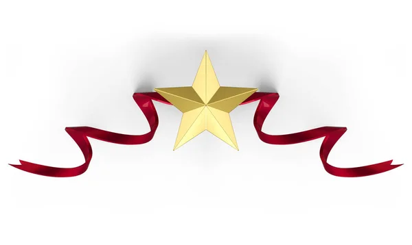 Rendering Golden Metal Star Red Ribbon Gray Wall Background — Stock Photo, Image