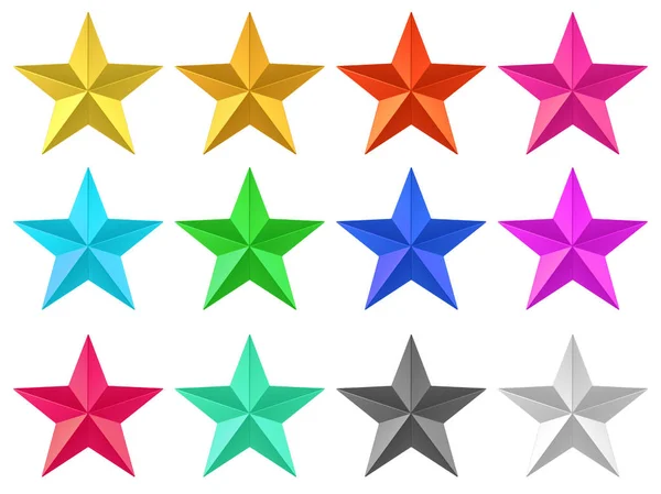 Rendering Colorful Golden Five Pointed Star Clipping Path Set Collection — Stock Photo, Image