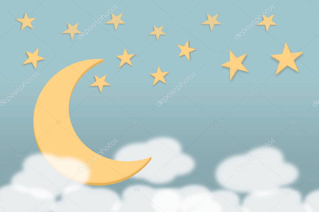 3d illustration. Sweet softness lullaby color moon, twinkle star and clouds background for bedtime or any design.