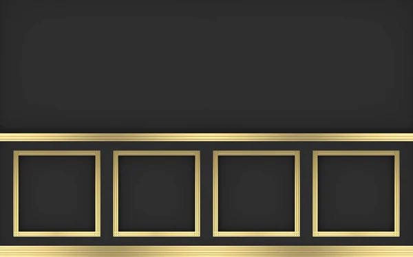 3d rendering. modern gold square classical frame pattern design on dark cement vintage wall background.