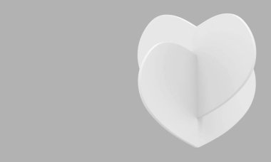 3D görüntüleme. Boş gri fotokopi duvarı arka planında iki beyaz kalp.