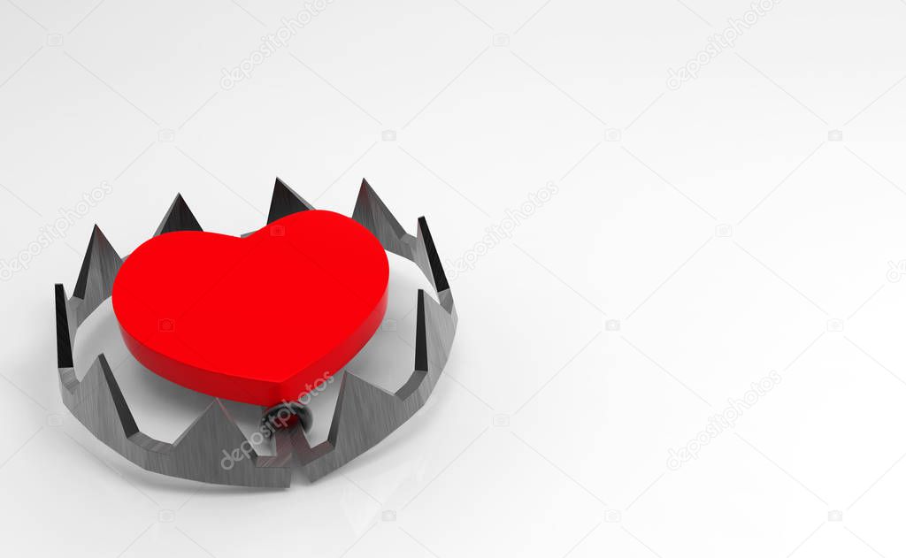 3d rendering. Red heart on teeth jaw trap on white background. Risk in love concept. 