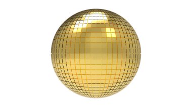 3D görüntüleme. Beyaz arkaplanda izole edilmiş kırpma yolu ile Golden Disco küre topu.
