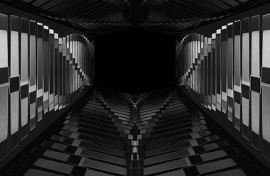 3D görüntüleme. modern fütürist karanlık ızgara tünel duvarı veya zemin tasarım arka planı.