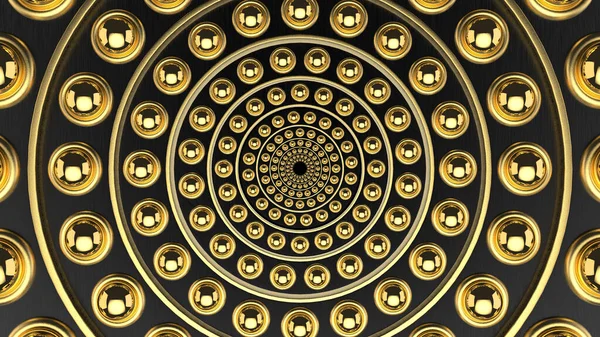 3Dレンダリング 円形のリング形状パターンスパイラル壁のデザインの背景に豪華な黄金の球 — ストック写真