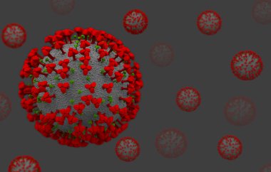 3D görüntüleme. Tehlikeli Kırmızı Covid-19 Corona virüsü sembolü. Arkaplan olarak çok sayıda hücrenin aktığını gösteriyor..