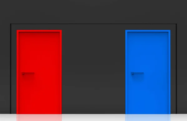 Renderizado Puertas Azules Rojas Sobre Fondo Pared Cemento Negro Dos — Foto de Stock