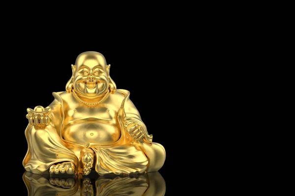 3D görüntüleme. Siyah arka planda izole edilmiş kırpma yolu olan Çin altın sarısı mutlu keşişi Buda heykeli..