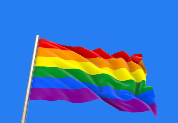 Weergave Winderige Golvende Lgbtq Regenboogvlag Met Knippad Geïsoleerd Blauwe Lucht — Stockfoto