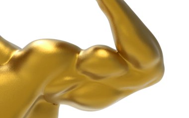 3D görüntüleme. Kırpma yolu beyaz arkaplanda izole edilmiş altın kas geliştirme kolu.