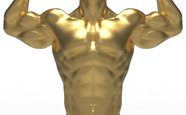 3D görüntüleme. Beyaz arka planda kırpma yolu izole edilmiş Altın Kas Geliştirme Heykeli 'nin ön görünümü.