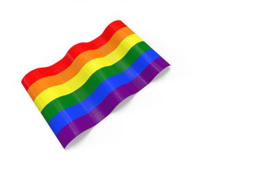3D görüntüleme. Beyaz duvar arka planında LGBTQ + gökkuşağı renk bayrağı sallıyor.