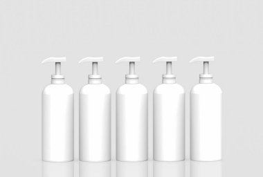 3D görüntüleme. Gri arkaplanda etiketsiz beyaz plastik sıvı şişe sırasını boşalt.