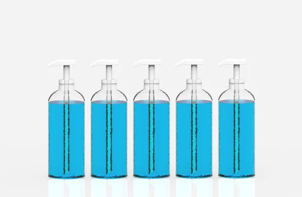 3D渲染 蓝色手洗酒精凝胶泵瓶子排在白色背景上 — 图库照片