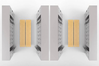 3D görüntüleme. Ahşap banklarla ayrılmış gri dolapların hava görüntüsü.