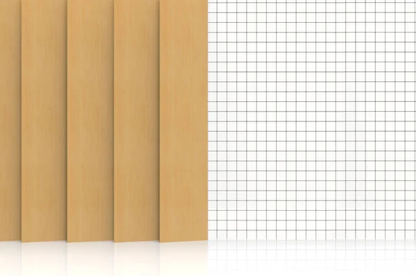 Darstellung Moderne Hellbraune Holzplatte Dekoration Auf Weißem Kleinen Quadratischen Keramikfliesen — Stockfoto