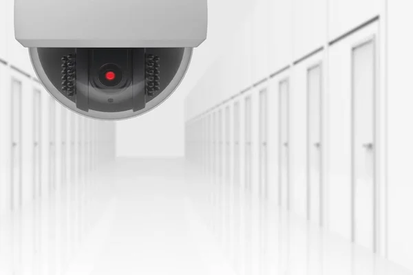 3Dレンダリング 多くのドアの間の廊下の背景をぼやけて赤い目のセキュリティ球ドームカメラを起動 — ストック写真