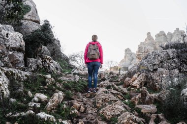 Genç kadın kaşif dağda yürüyor. Macera, gezi ve gezi kavramı.