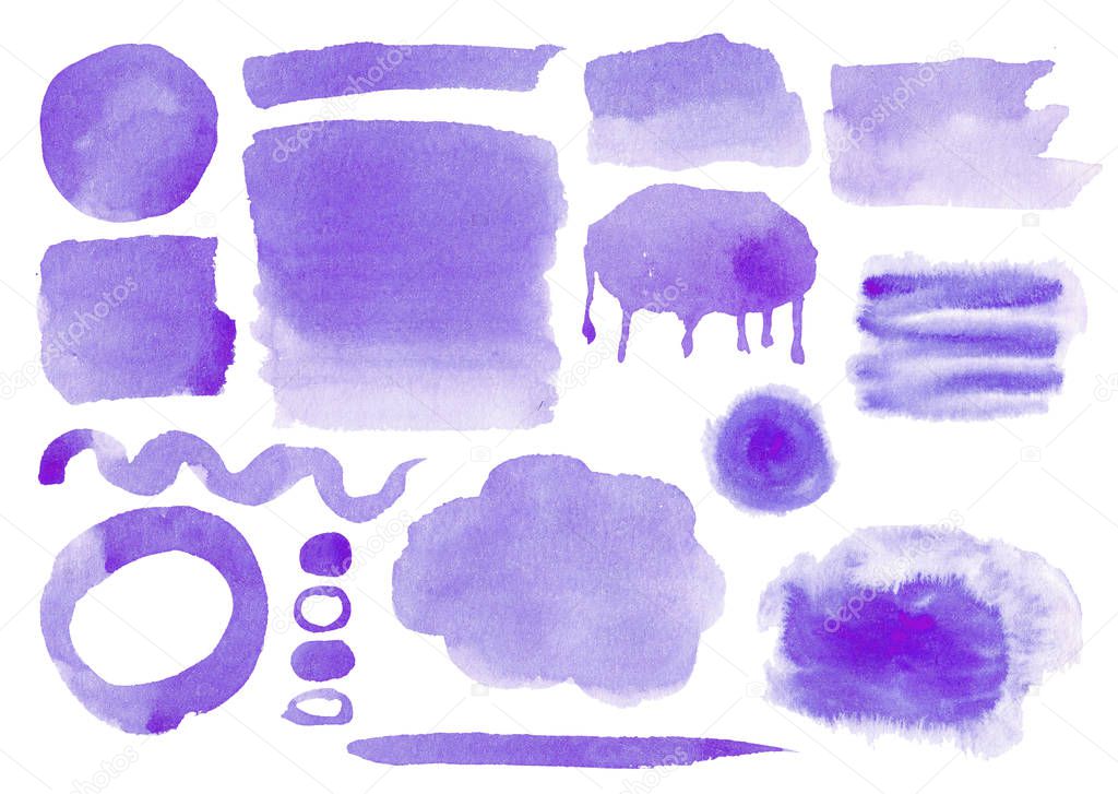 Set of purple watercolor splots, strokes ans splashes. Isolated on white background.