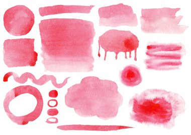 Bir takım kırmızı suluboya lekeleri, çarpmalar. Beyaz arkaplanda izole.