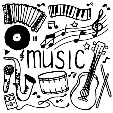 El çizimi müzik elementleri, beyaz arka planda izole. Çizilmiş vektör illüstrasyonu.