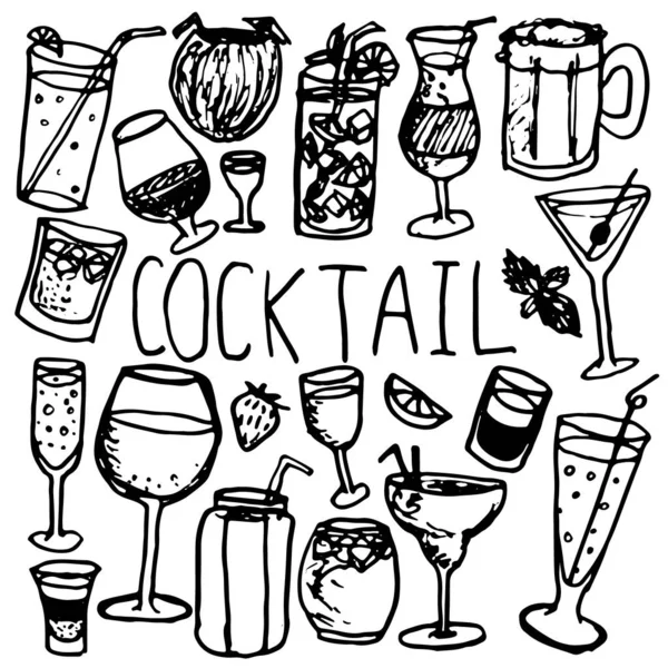 Χειροποίητα doodle cocktails στοιχεία, απομονωμένα σε λευκό φόντο. Σκίτσο τέλειο για πάρτι. Εικονογράφηση διανύσματος. — Διανυσματικό Αρχείο
