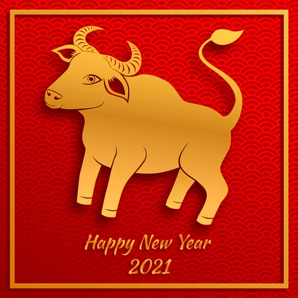 Κινεζική νέο έτος 2021 έτος του βόδι, κόκκινο και χρυσό χαρτί περικοπή χαρακτήρα βόδι σε στυλ βιοτεχνίας σε παραδοσιακό φόντο. — Διανυσματικό Αρχείο