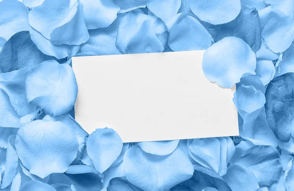 Una hoja de papel en un marco de pétalos de flores de color azul clásico con lugar para el texto . — Foto de Stock