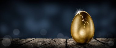 Parlak Altın Yuva Yumurtası Ahşap Masa Çatırtısı Işık patlaması ile açılıyor Yatırım Olgunluğu Konsepti