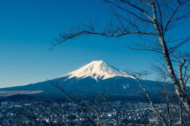 Fuji Dağı 'nın ağaçlı görüntüsü, Japonca Fuji san Dağı' nın yılda yaklaşık beş ay kar altında kalan olağanüstü simetrik konisi. Japonya 'nın sembolü olarak bilinir..