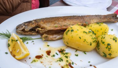Hallstatt alabalığı ve patates tarifi Hallstatter 'deki beyaz tabakta ya da Hallstatt Gölü, Salzkammergut, Avusturya' da bir göl