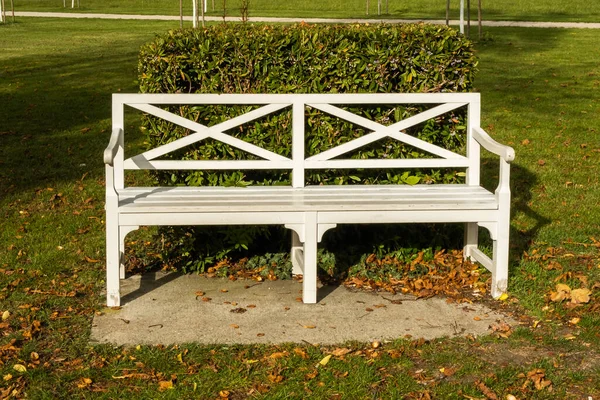 Blick auf weiße Patio-Holzbank im grünen Parkgarten in der Herbstsaison mit der alleinigen Stimmung — Stockfoto