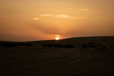 Al Wakrah, Katar 'da çöl faaliyetlerinin dönüm noktası olan Safari Deve Turu' nda gün batımının güzel manzarası..