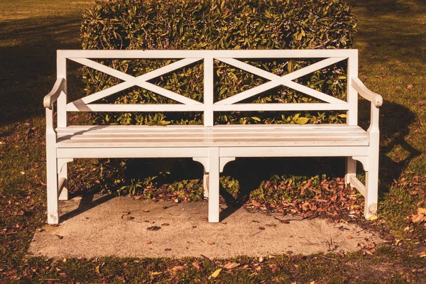 Sonbahar Mevsiminde Bahçedeki Beyaz Patio Bench Manzarası — Stok fotoğraf