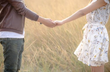 Kahverengi çayır ile el ele duran genç bir çift..