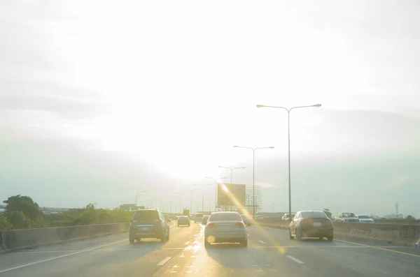 Car Running Freeway Sunrise Background — Stock Photo, Image